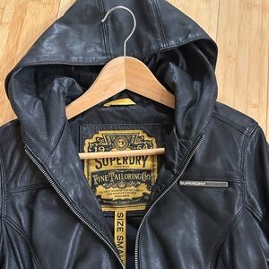 Superdry Black Hooded Leather Jacket